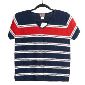 VTG Preppy Sweater L Womens 90s Red Blue Stripes Colorblock Short Sleeve VNeck